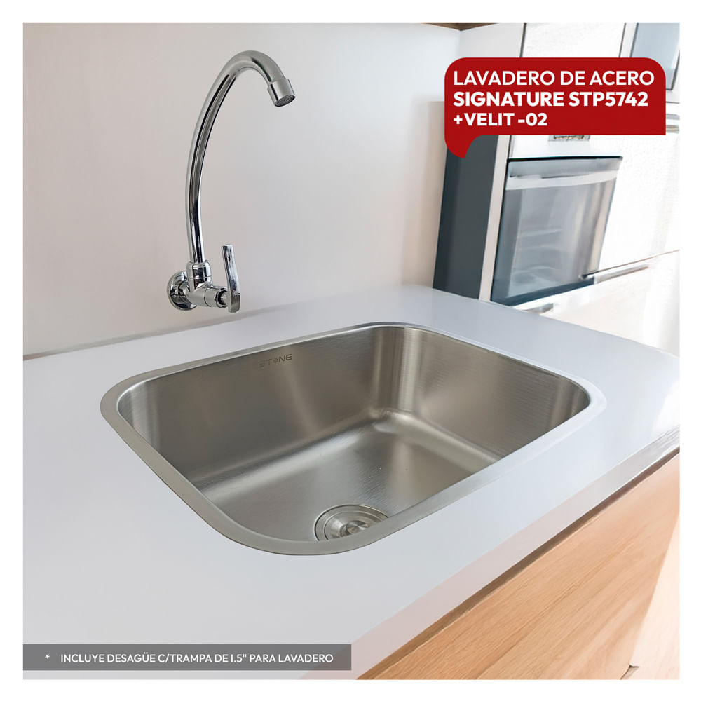 Combo De Lavadero De Acero STP5742 + Desague C/Trampa De I.5"" Para Lavadero + Velit-02 Stone