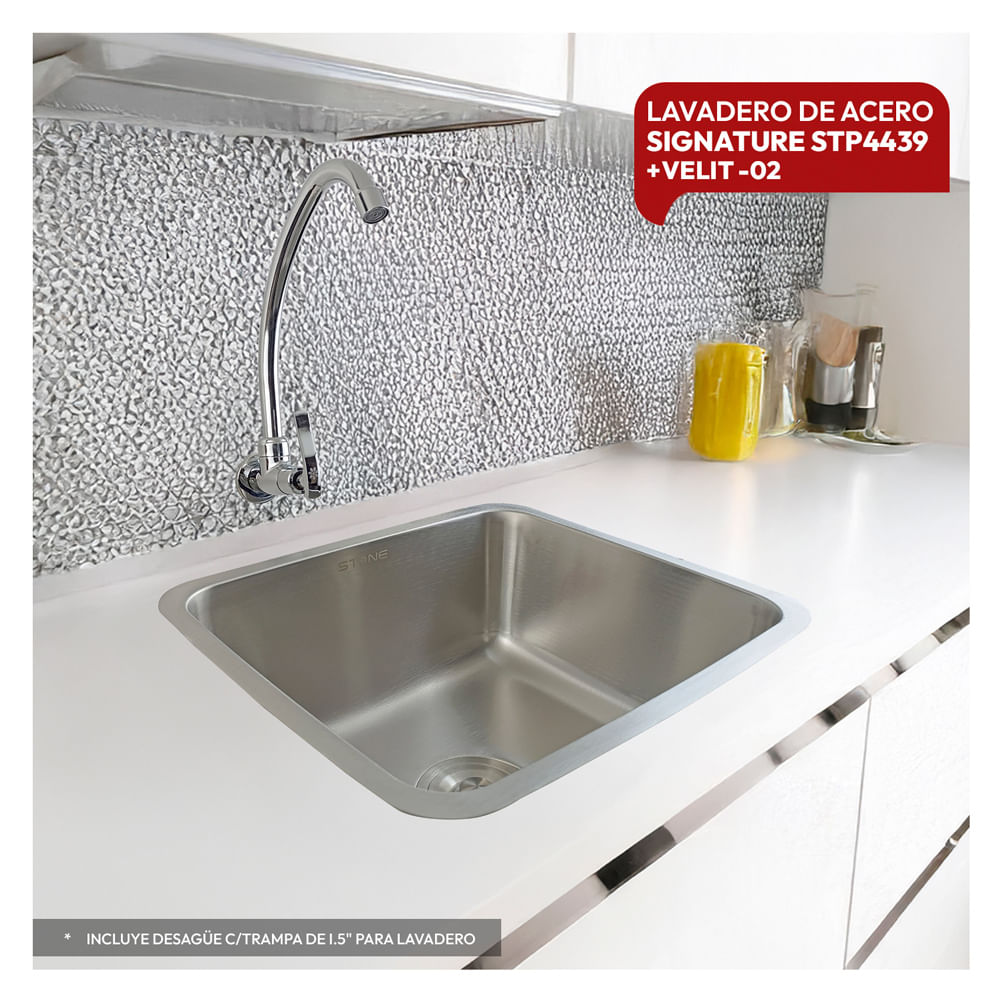 Combo De Lavadero De Acero STP4439 + Desague C/Trampa P De I.5"" Para Lavadero + Velit-02 Stone