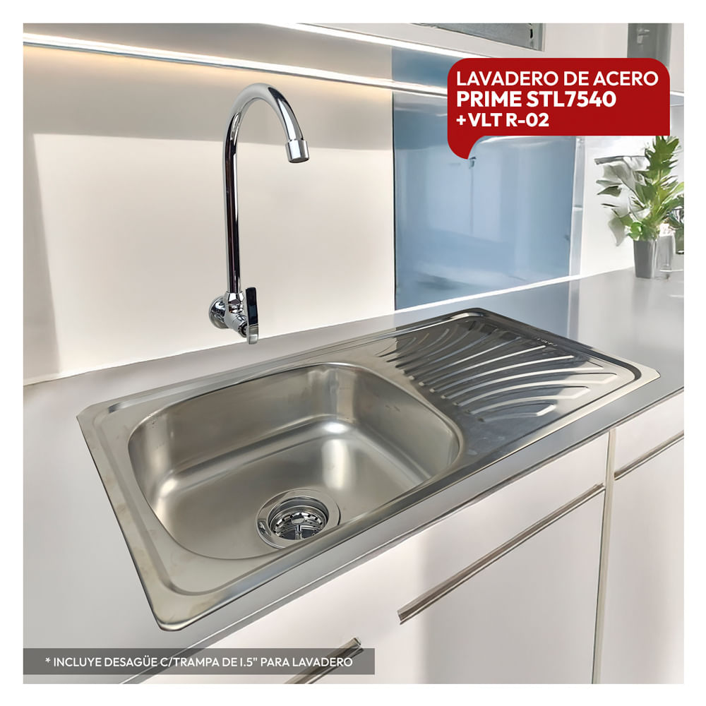 Combo De Lavadero De Acero STL7540 + Desague c/Trampa De I.5 Para Lavadero  + VLT R-02 Rumi