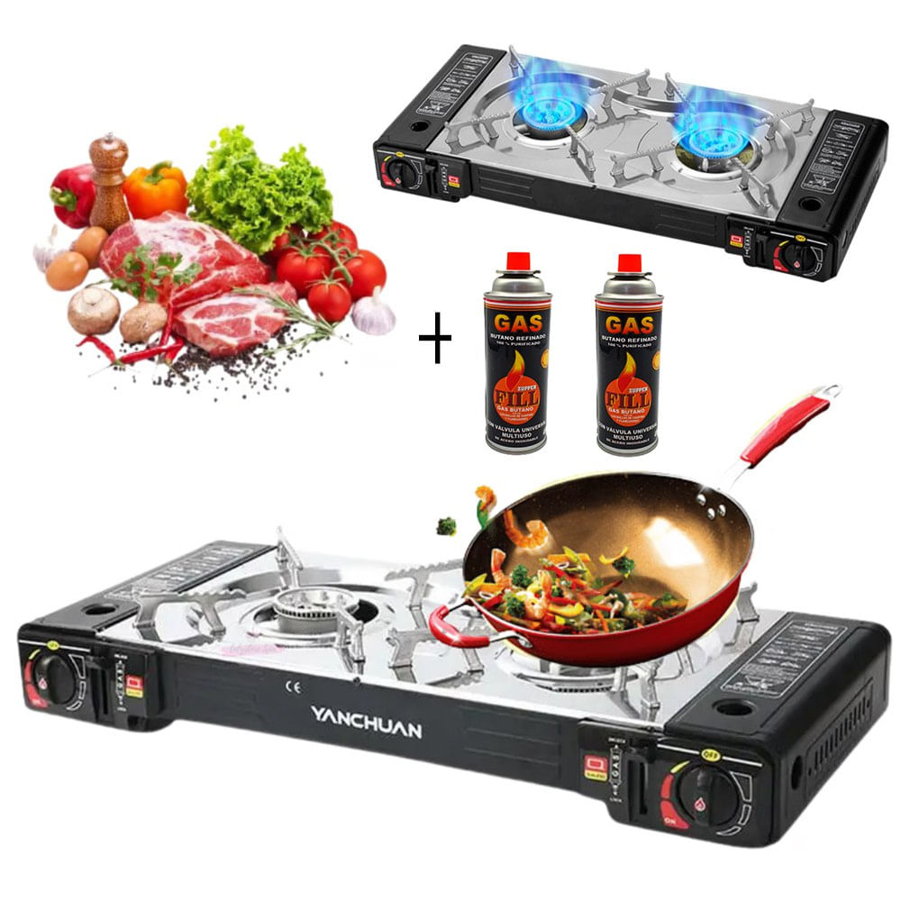 Cocina a Gas Portatil 2 Hornillas 2 en 1 Picnic Camping +GAS