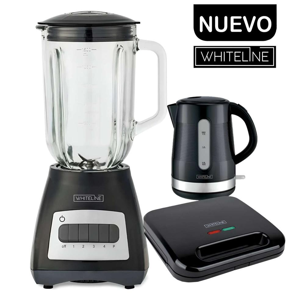 Tricombo Whiteline Licuadora Vaso de Vidrio +Hervidor y Sandwichera