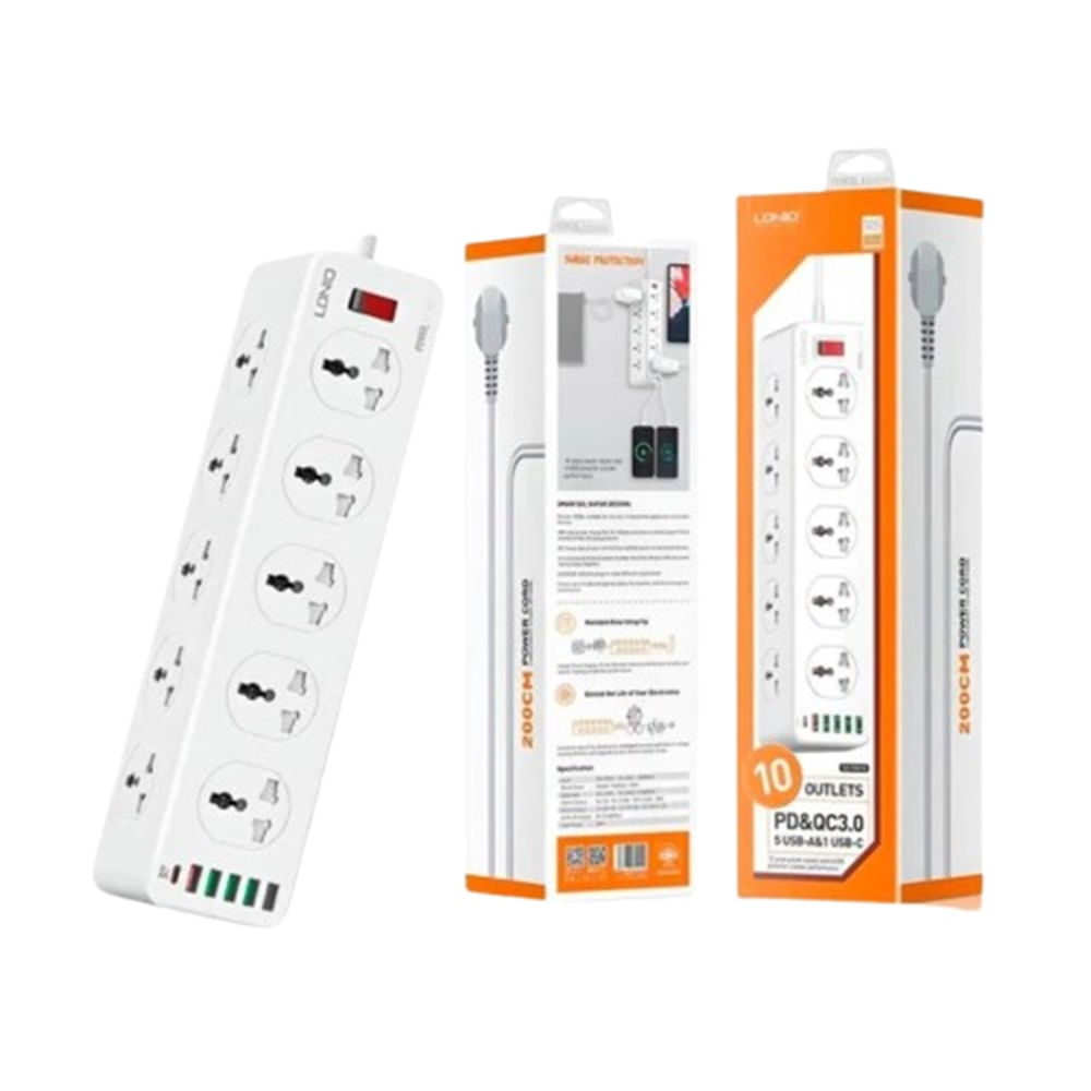 Supresor de Picos LDNIO SC10610 10 Tomas Universales 2 metros con 5 USB-A y 1 USB-C