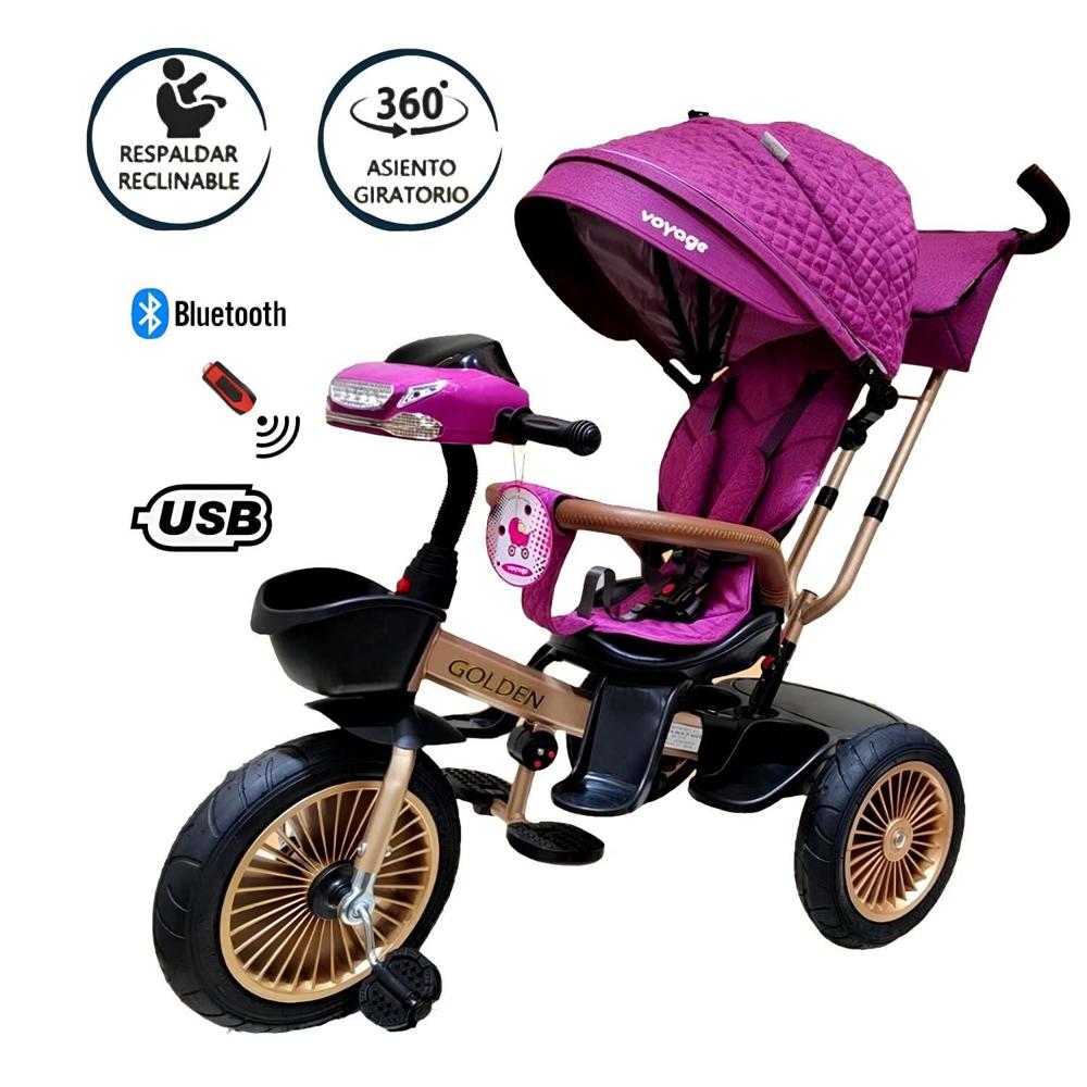 Triciclo Asiento Giratorio Voyage GOLDEN con Tela UV Fucsia1