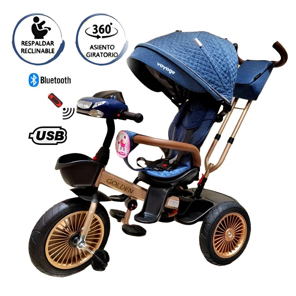 Triciclo Asiento Giratorio Voyage GOLDEN con Tela UV Azul1