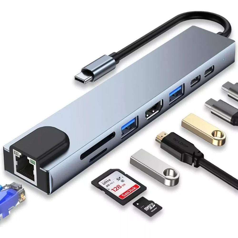 Hub Usb Tipo C 8 En 1 Lan Hdmi Usb 3.0 Sd Tf Laptop Celular Color Plateado