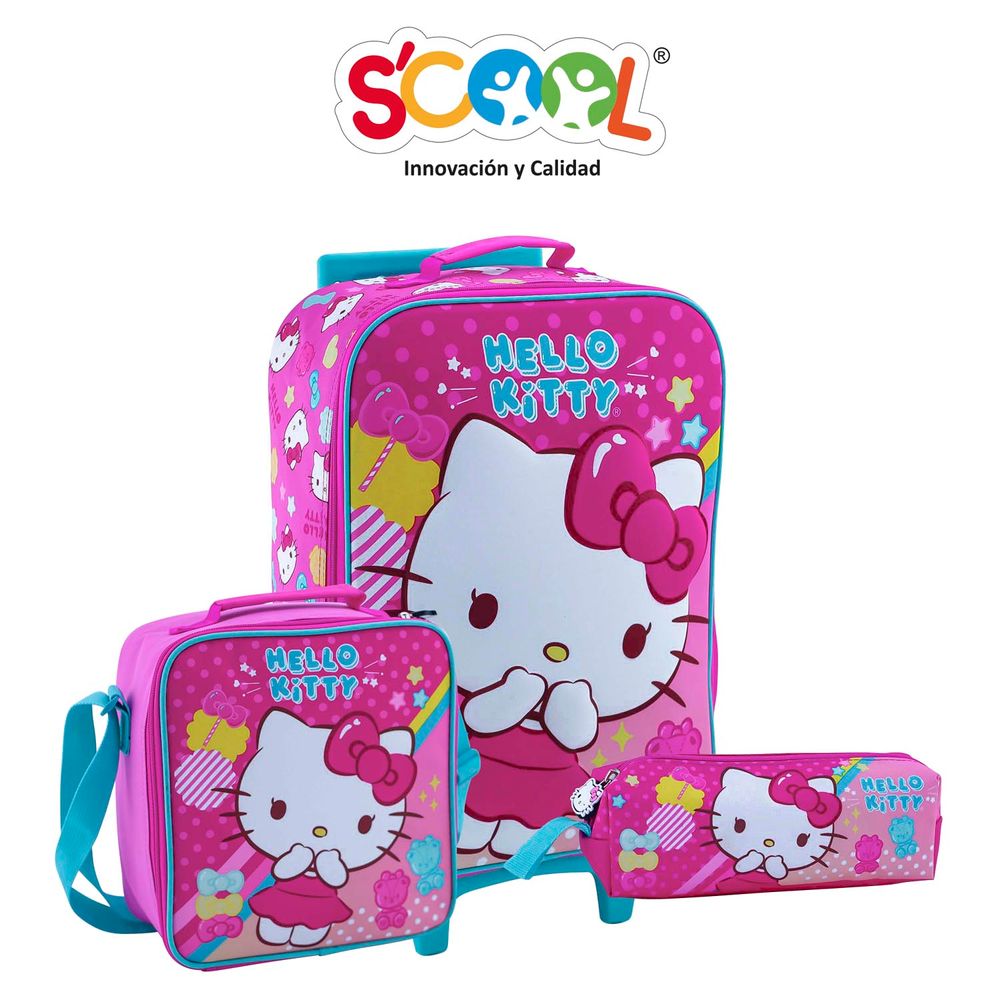 Pack Mochila Con Ruedas Carry On + Lonchera + Cartuchera Hellokitty 3D