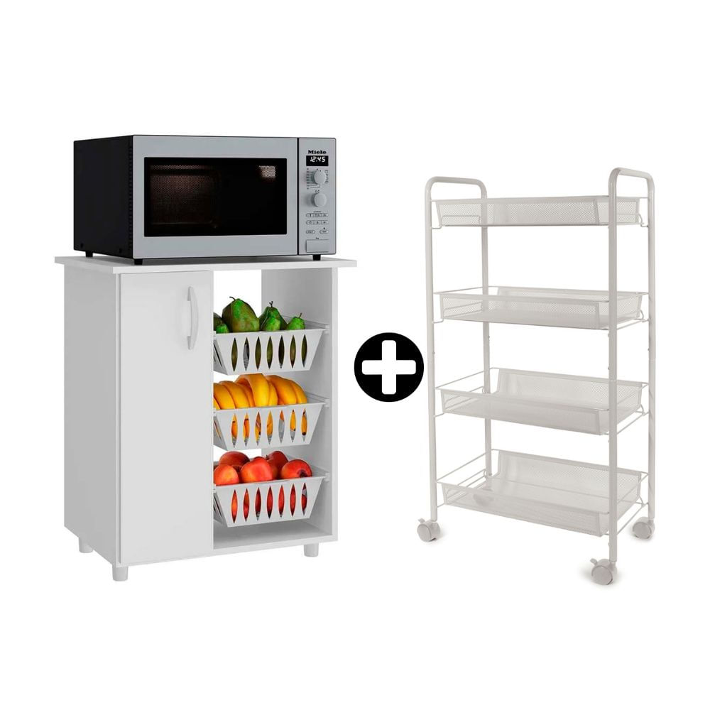 COMBO Orange: Mueble Multiuso para Microondas Dalia MDP 1 Puerta Blanco + Carrito para frutas y verduras Blanco