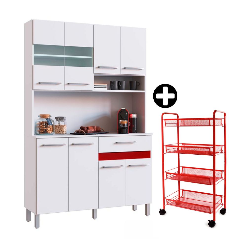 COMBO Orange: Mueble Alacena de Cocina New Carolina 120cm MDP + Carrito para frutas y verduras Rojo