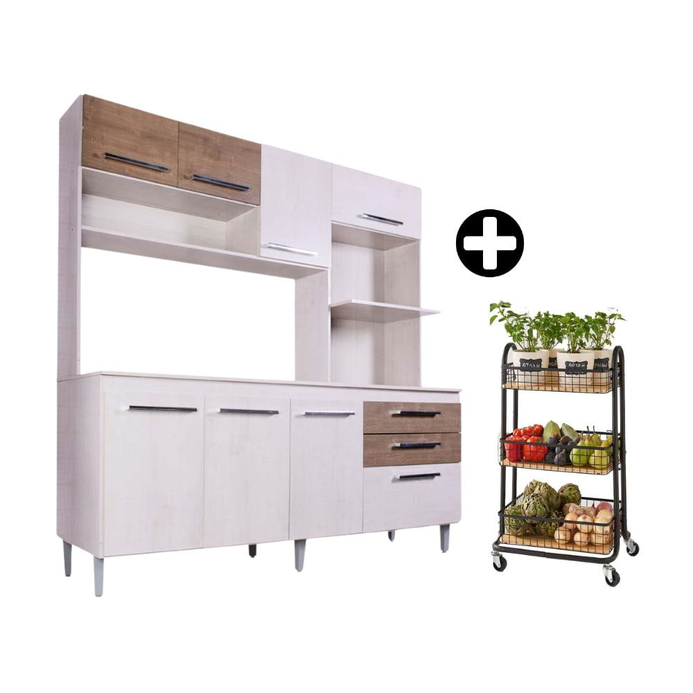COMBO Orange: Mueble Alacena de Cocina Blume 185cm MDP + Carrito Organizador Cesta con Base de Madera 3 Niveles Negro