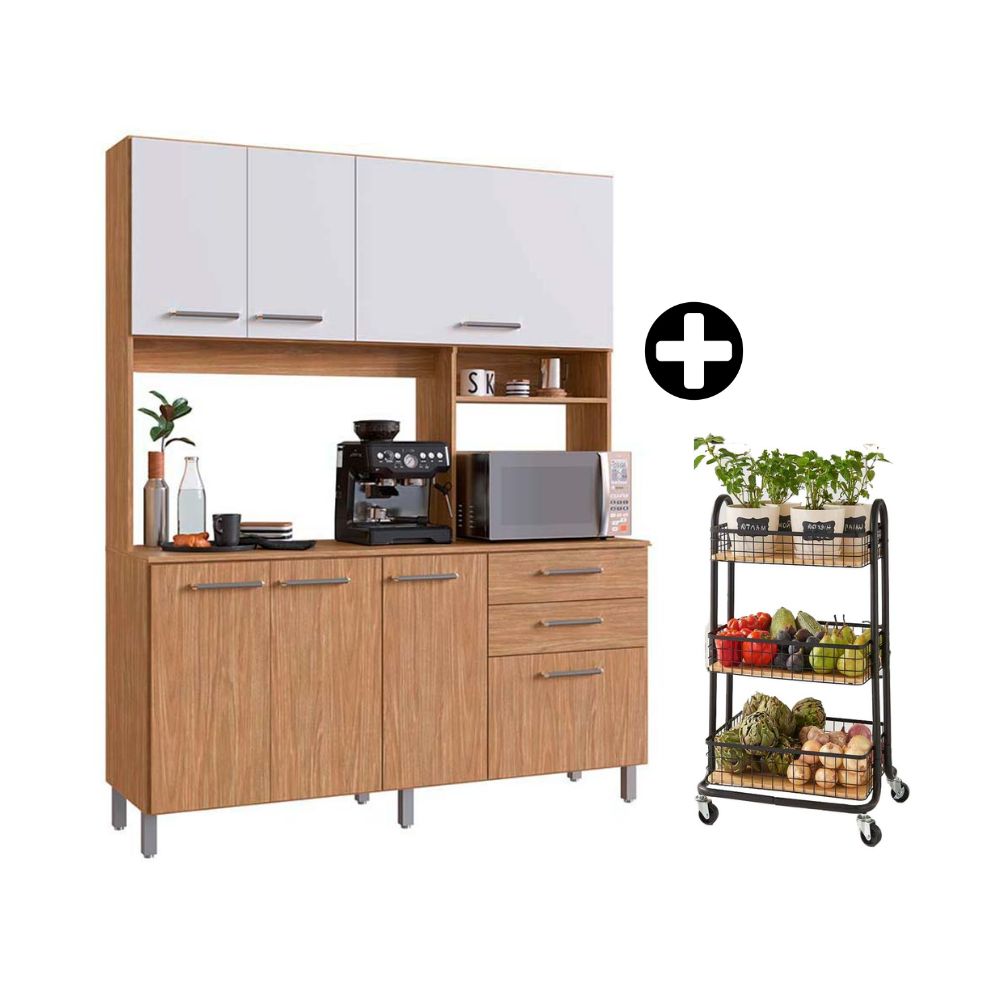 COMBO Orange: Mueble Alacena de Cocina New Antonia 160cm MDP + Carrito Organizador Cesta con Base de Madera 3 Niveles Negro