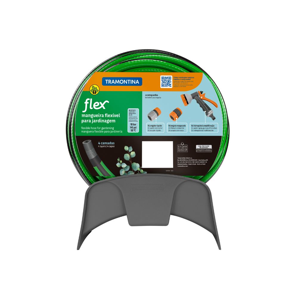 Manguera Tramontina Flex 4 Capas PVC 10m Verde con soporte Manguera Tramontina Flex 4 Capas PVC 10m Verde con soporte