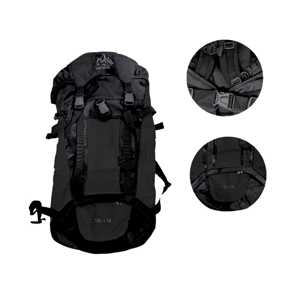 Mochila Campera Impermeable 70L + 10LPara Viajes Trekking Camping - NEGRO