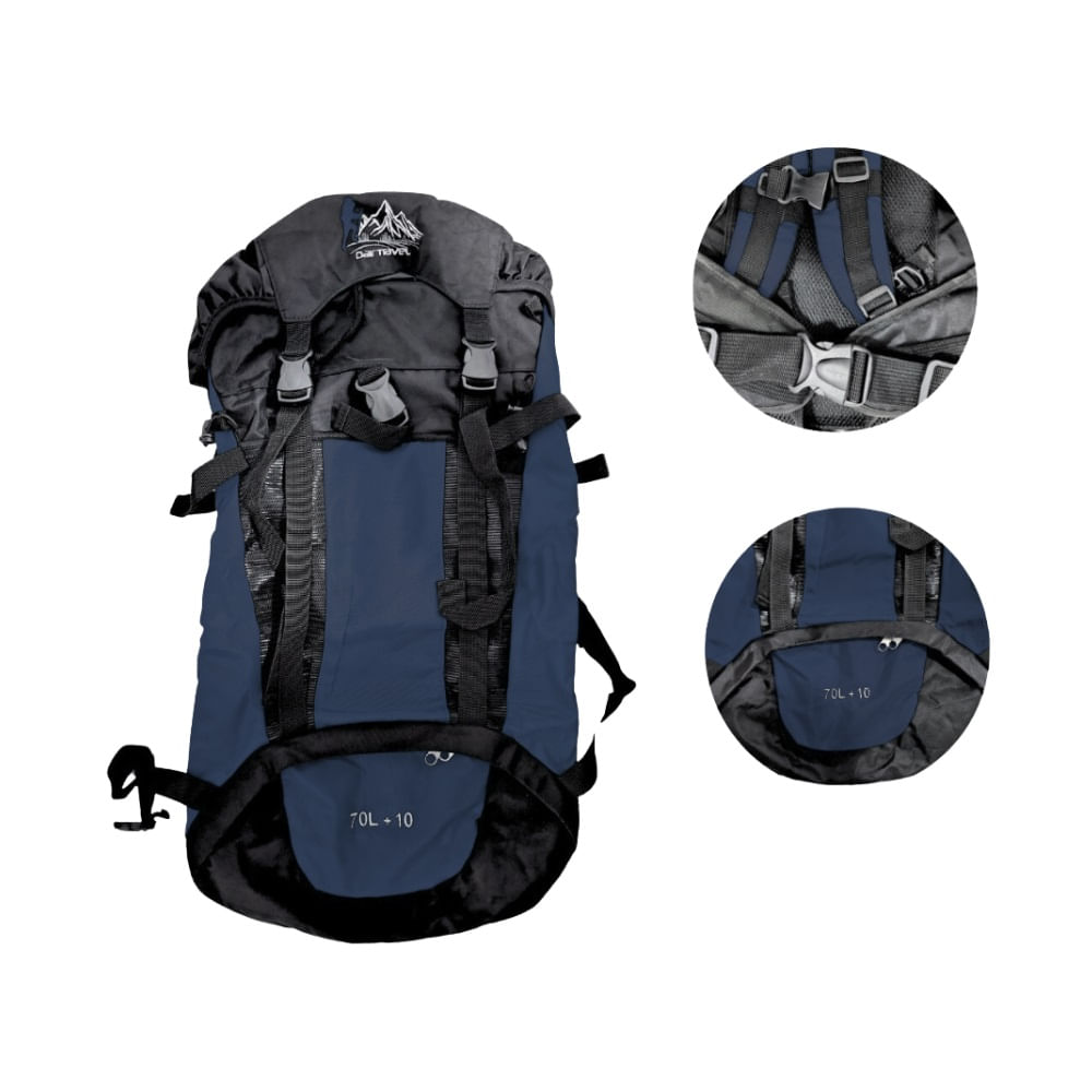 Mochila Campera Impermeable 70L + 10LPara Viajes Trekking Camping - AZUL MARINO