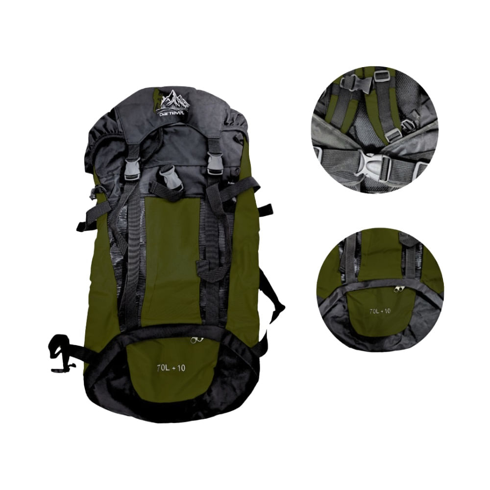 Mochila Campera Impermeable 70L + 10LPara Viajes Trekking Camping - VERDE