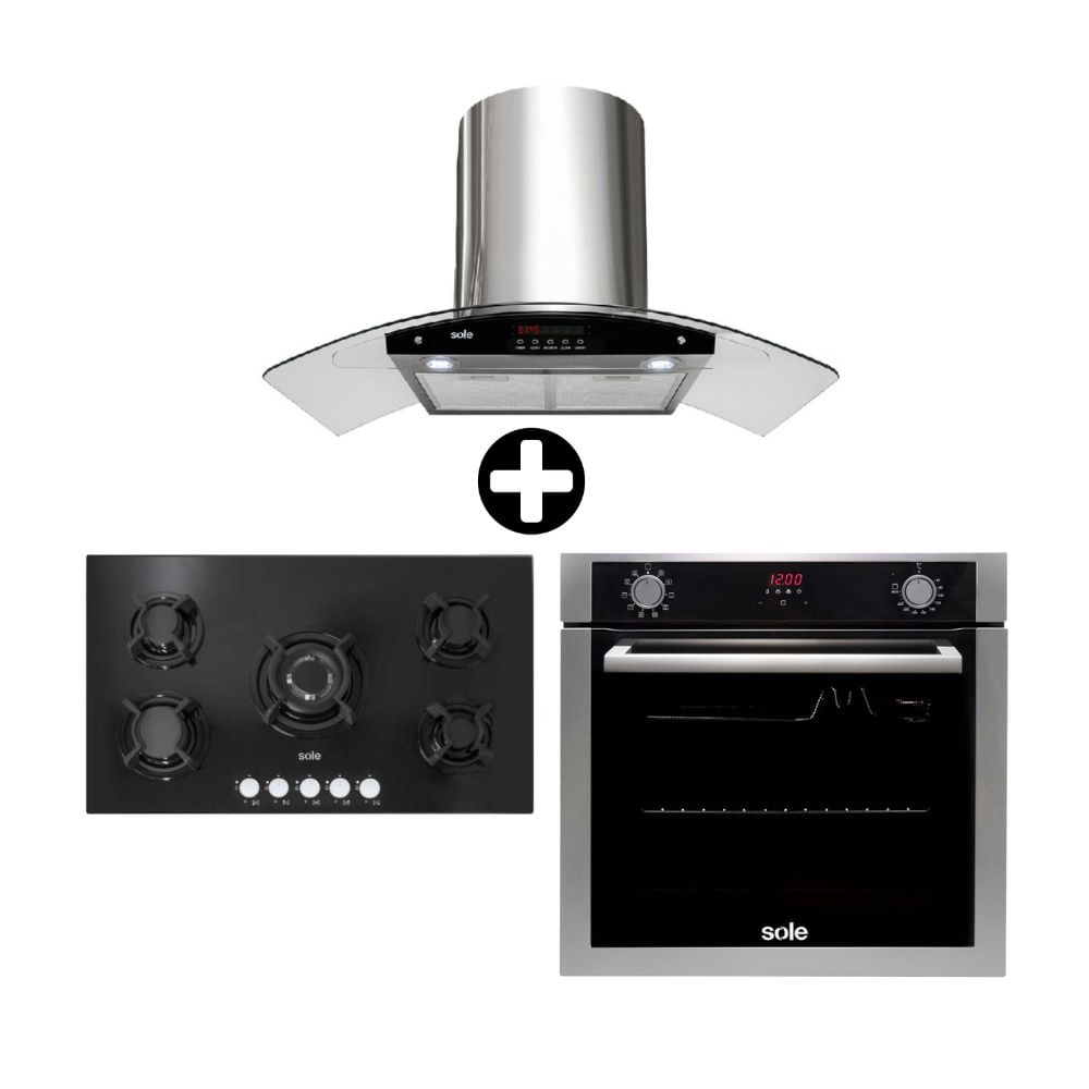 COMBO Sole: Cocina Encimera SOLCO033 Vidrio Templado 86cm 5 hornillas + Horno Empotrable Premium 73L + Campana Extractora Venus Plus 1 Motor 90cm