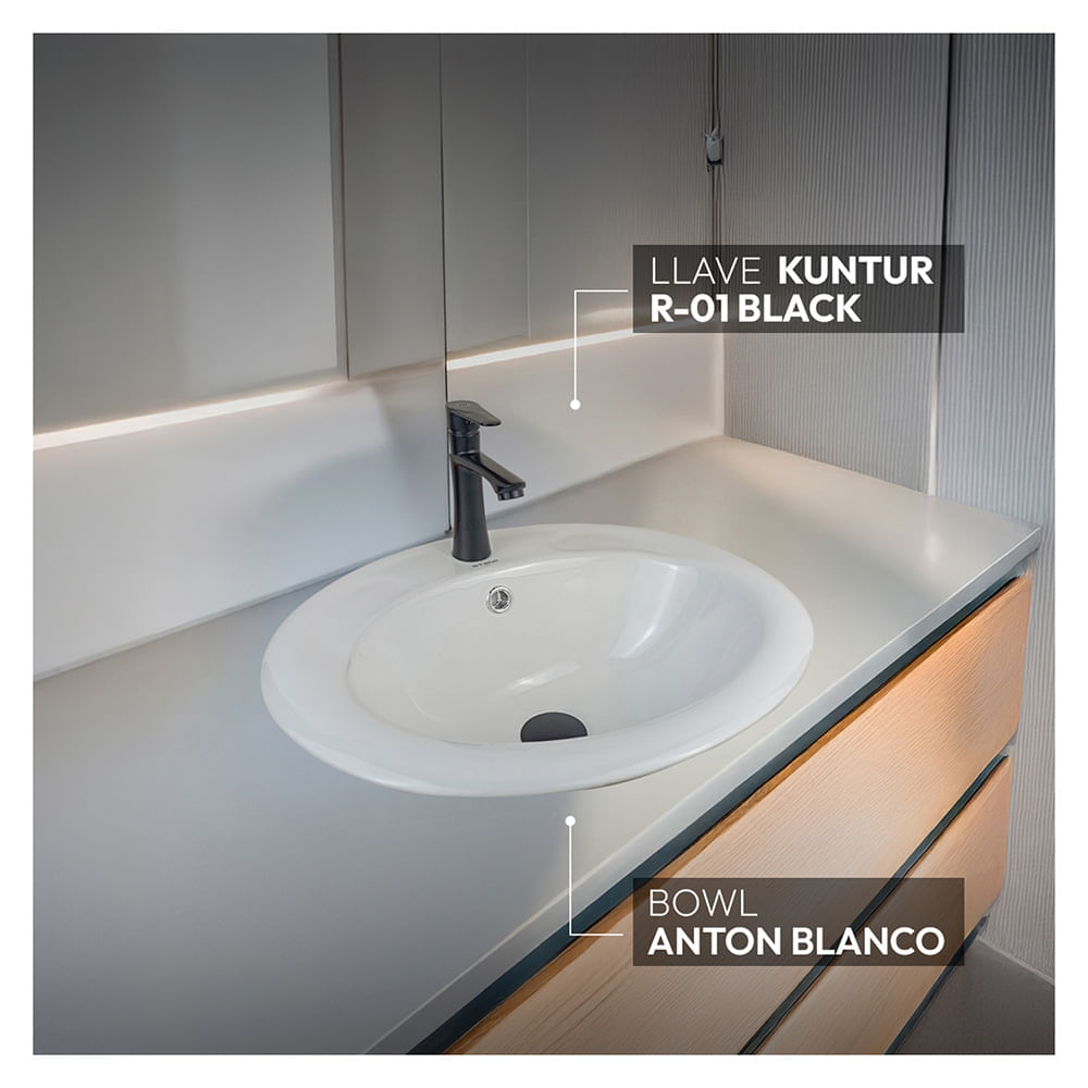 Combo Bowl Anton Blanco + Kuntur R-01 + Desagüe Pop Up Grande S/Rebose P/Bowl Cola Negro 18cm