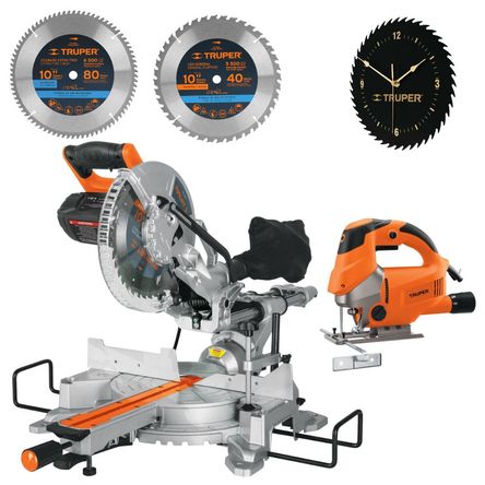 Combo Sierra ingleteadora telescópica 1800W, 2 discos, sierra caladora