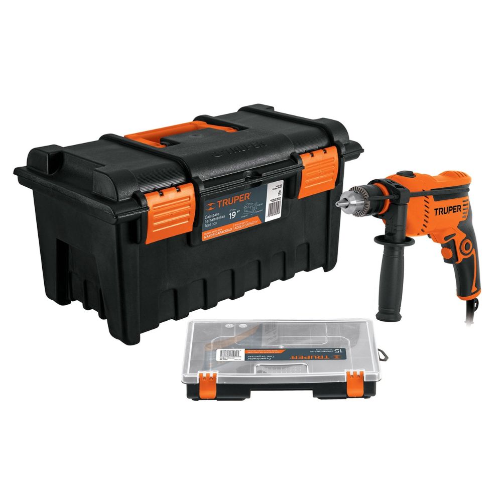 Combo taladro percutor 600w caja de herramienta y organizador truper Combo taladro percutor 600w caja de herramienta y organizador truper