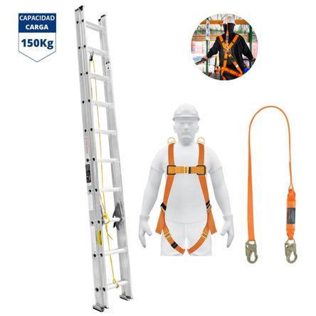 Combo Escalera telescópica 20 pasos, Arnés de seguridad linea de vida