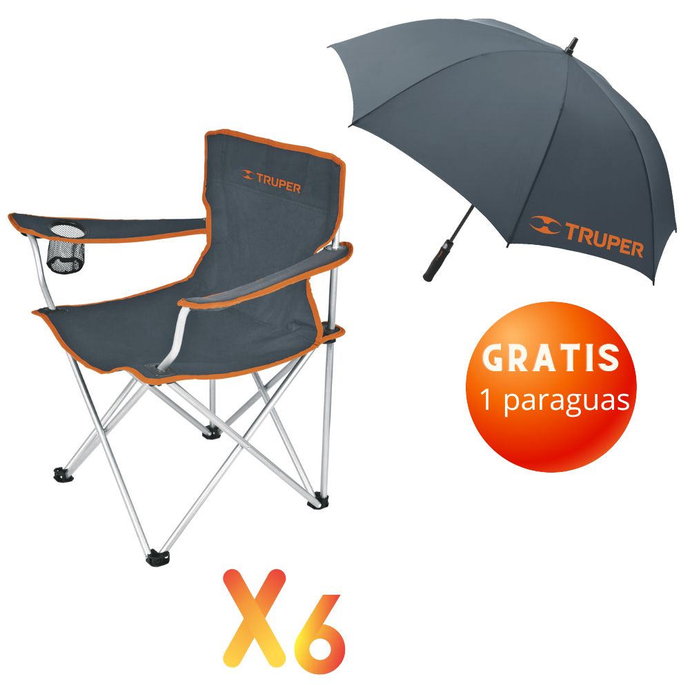 Combo 6 Sillas de playa plegables camping y 1 Paragua Truper