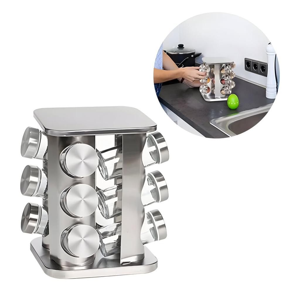 Set de 12 Condimenteros Giratorio de Acero Inoxidable Cuadrado 250CU01
