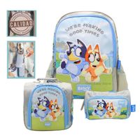 Set Mochila Escolar A4 Incluye Lonchera y Cartuchera Bluey y Bingo