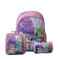 Pack Escolar Mochila A4 Lonchera y Cartuchera Bluey y Bingo Lila