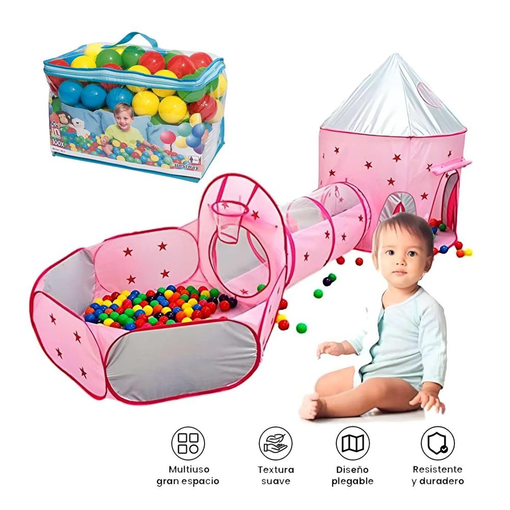 Castillo Mágico con Túnel y Piscina 3 En 1 +100 Pelotas Rosado