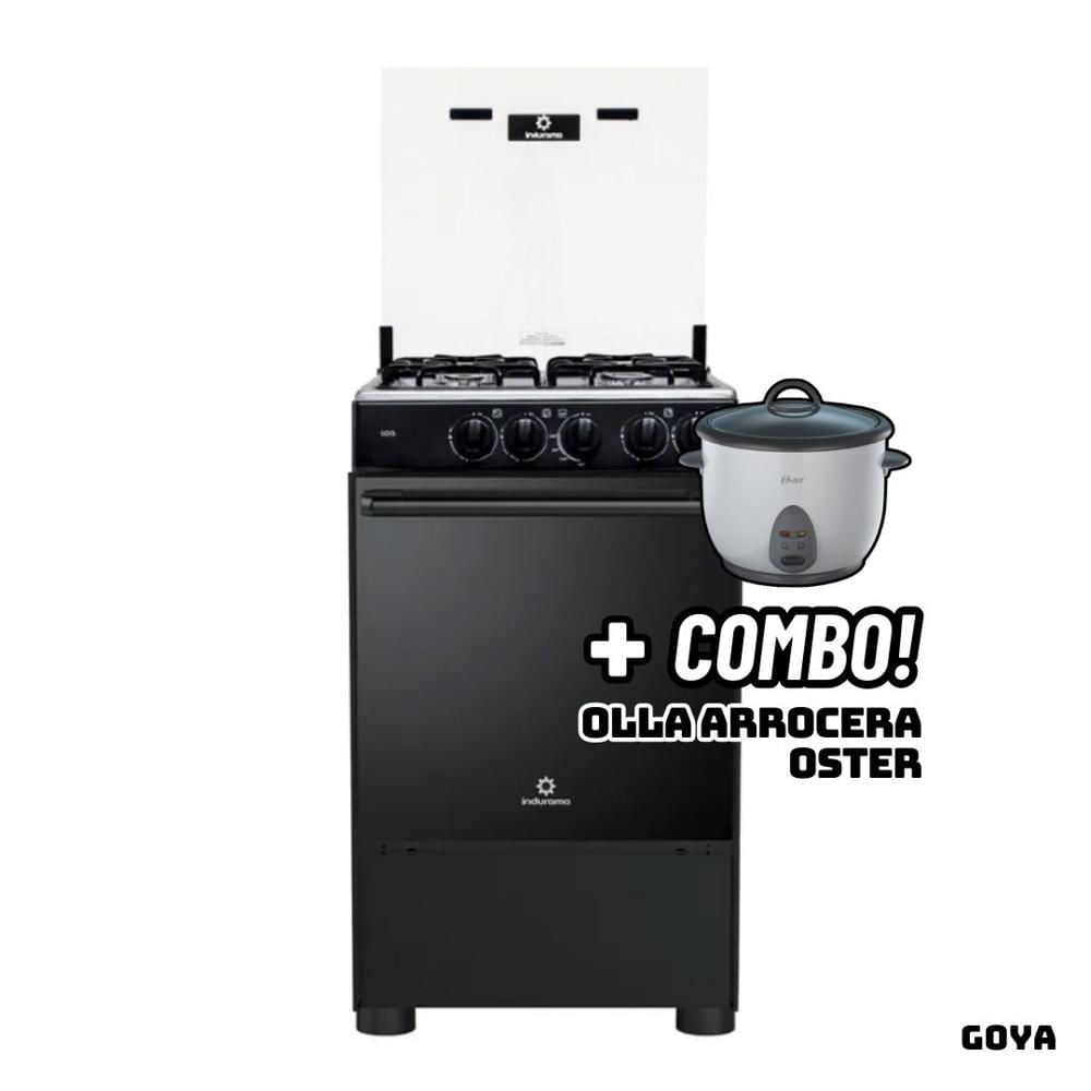 Cocina De Pie INDURAMA a Gas 4 Hornillas GOYA + Arrocera OSTER Blanca