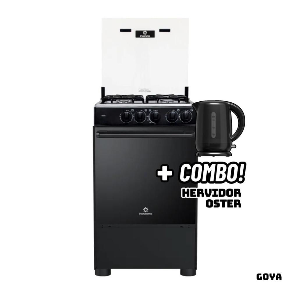 Cocina De Pie INDURAMA a Gas 4 Hornillas GOYA + Hervidor OSTER Negro