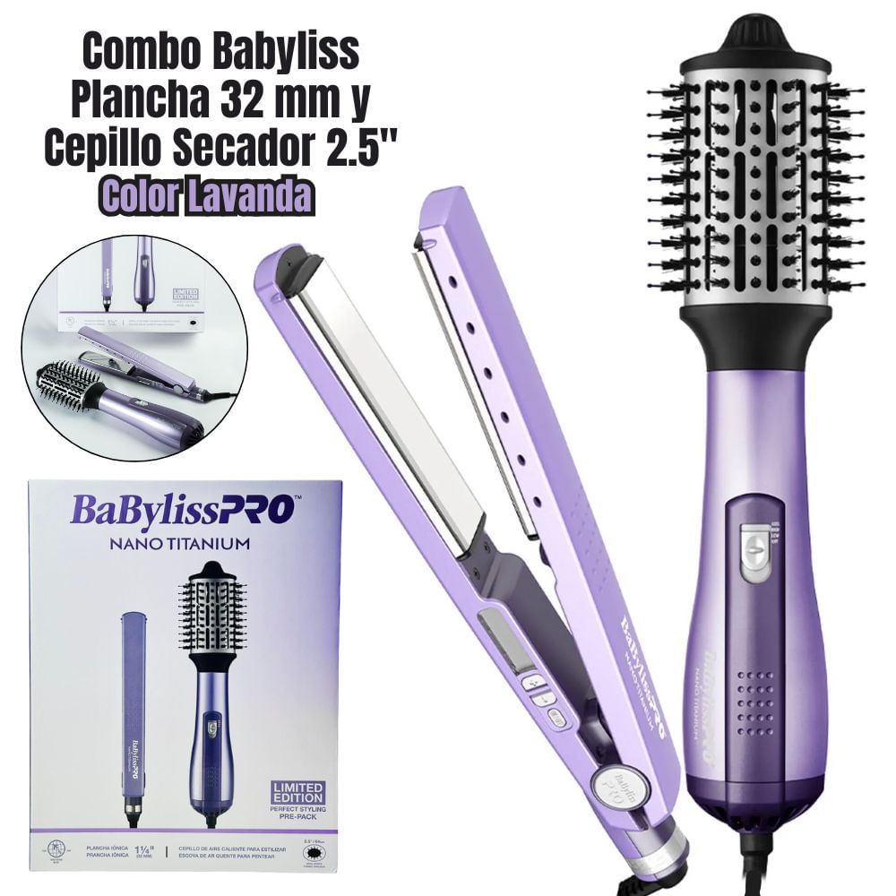 COMBO DE PLANCHA BABYLISS PRO IONICA 1 1/4'+ CEPILLO HOT AIR STYLING - LAVANDA