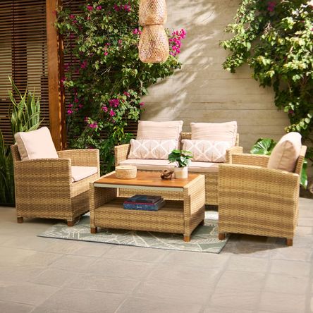 Set de Terraza Sala Bilbao Sofá + 2 Butacas + Mesa Ratán Taupe Orange