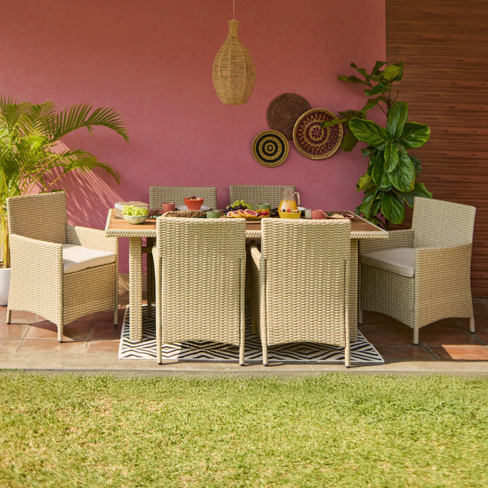 Set de Terraza Comedor Cardenas Mesa + 6 Sillas Ratán Orange