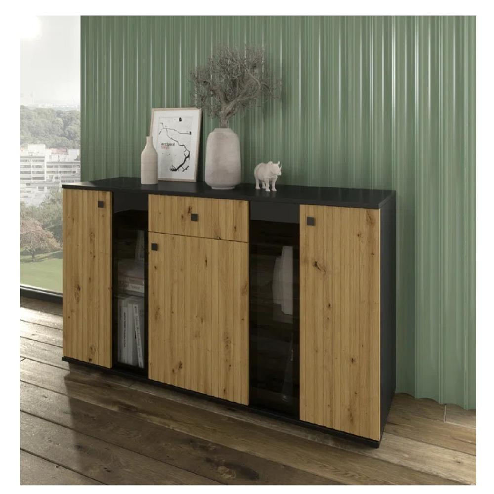 Aparador Moderno TU MESITA Morgan color Negro/Marrón 3 puertas 1 cajón