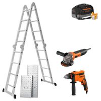 COMBO Escalera multiposición 16 peldaños AMOLADORA 850w TALADRO 600W