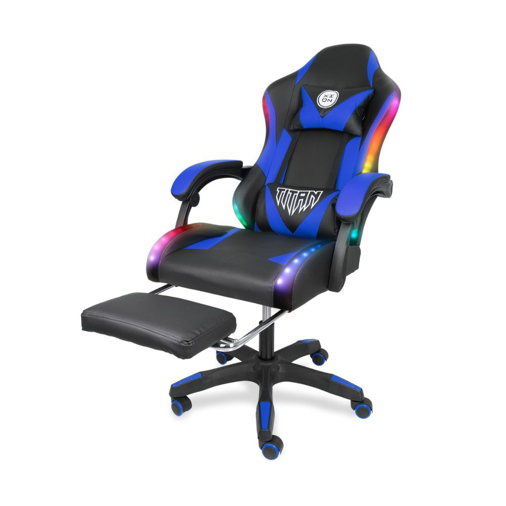 Silla Gamer Con Luces Rgb Xion Titan Ergonómica Con Masajeador, Posapiés Y Reclinación 135° Azul