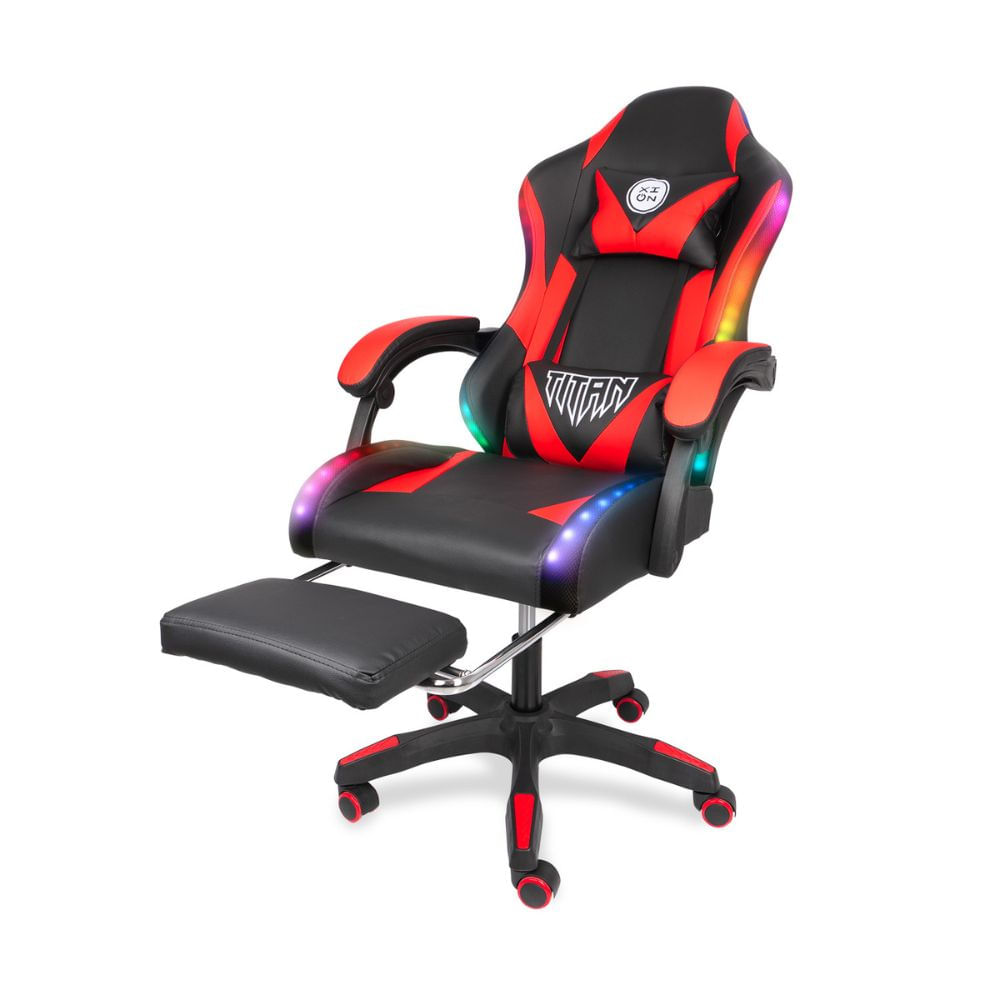 Silla Gamer Con Luces Rgb Xion Titan Ergonómica Con Masajeador, Posapiés Y Reclinación 135° Rojo