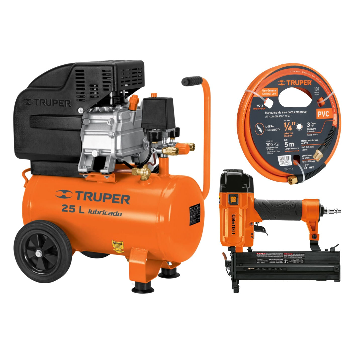 Kit Compresora 25 L Manguera 5m con Clavadora y Engrapadora Calibre 18 Truper 11836-19013-100779