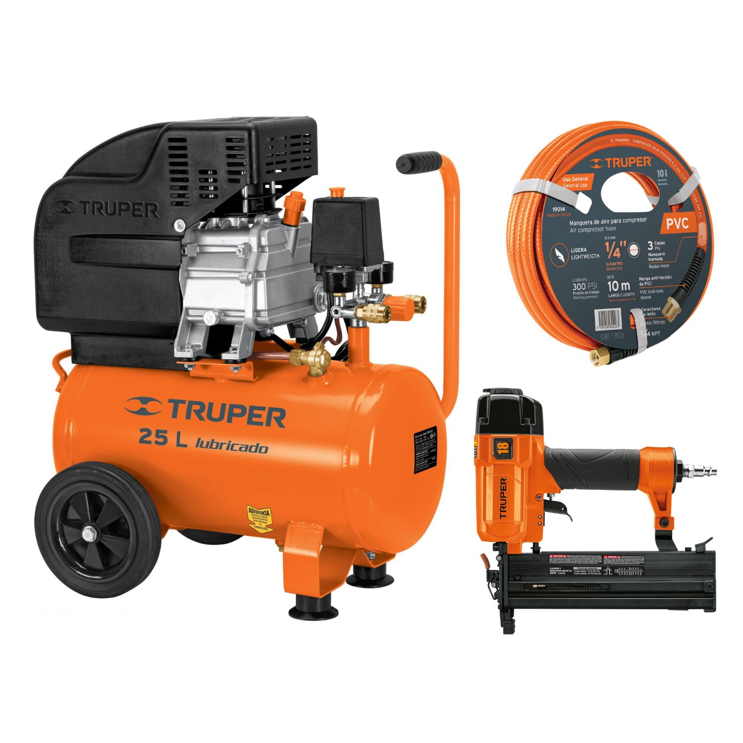 Kit Compresora 25 L Manguera 10m con Clavadora y Engrapadora Calibre 18 Truper 11836-19014-100779