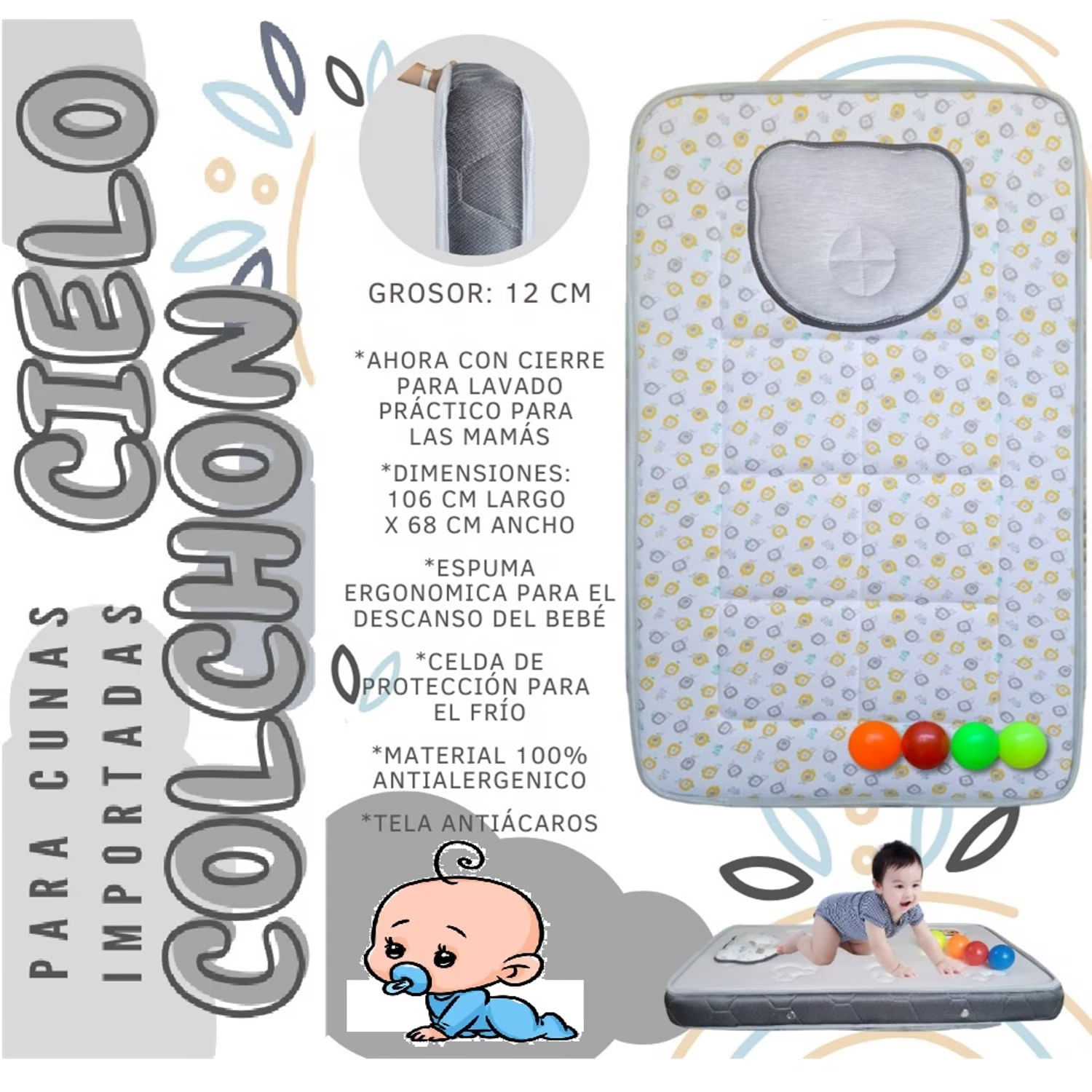 Colchon De Cuna Sol 106x68cm Azul