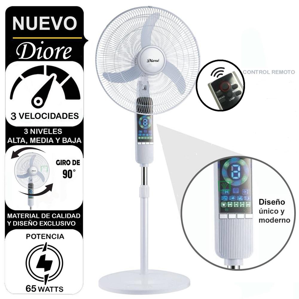 Ventilador Digital de Pedestal con Control Remoto de 3 Vel Diore 65W Blanco