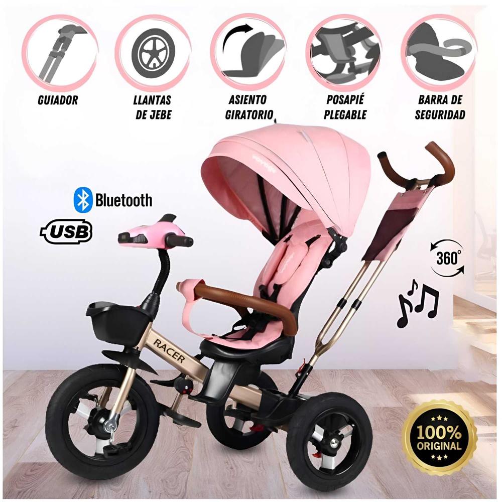 Triciclo Guiador para Niños Usb y Bluetooh «Racer» Rosado