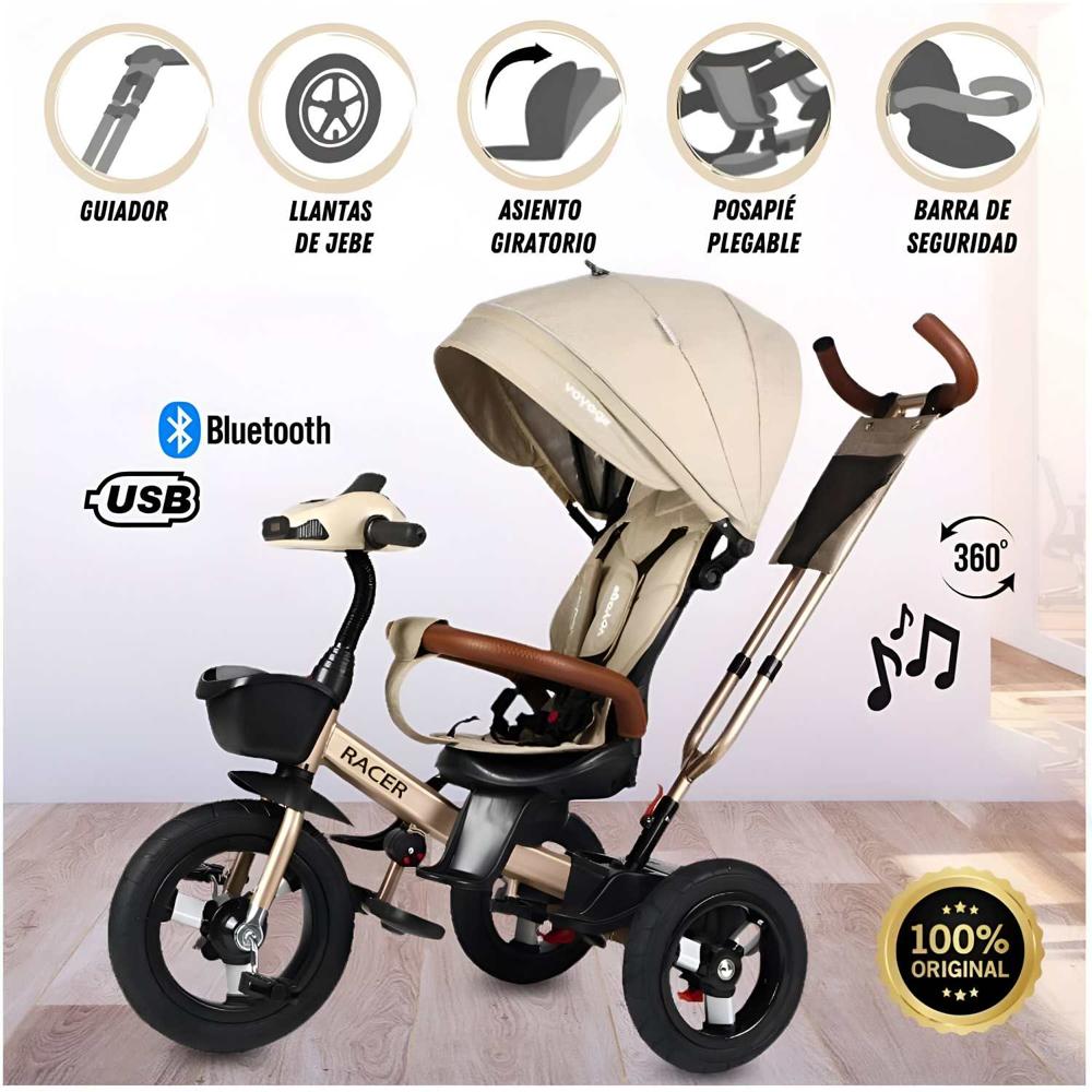 Triciclo Guiador para Niños Usb y Bluetooh «Racer» Beige