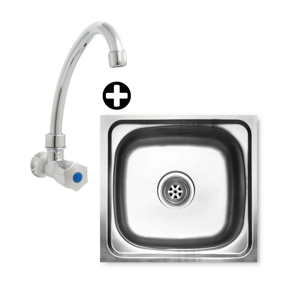 COMBO Lavadero básico 1 poza Acero Inoxidable 50x41cm + Llave de lavadero para pared