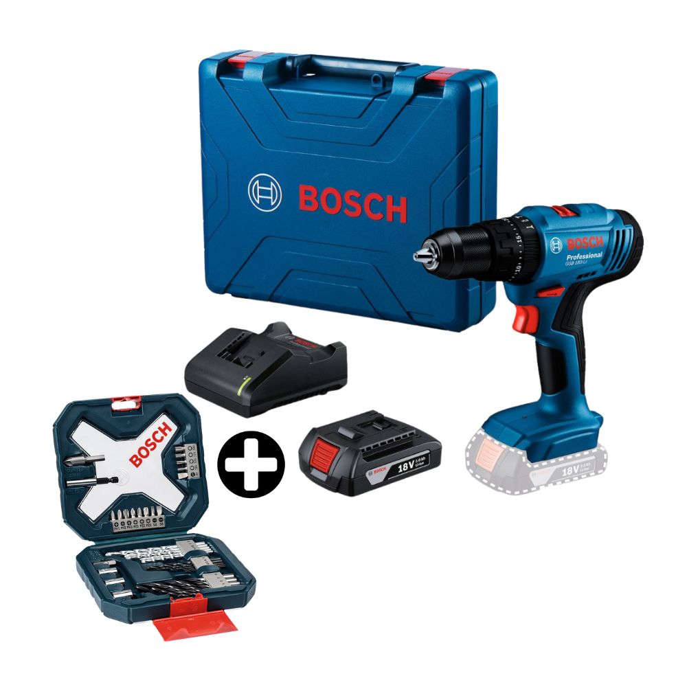 COMBO Taladro Percutor Inalámbrico GSB 183-LI + Batería + Cargador + Maletín + Brocas y puntas para madera y concreto Xline 34 piezas Bosch
