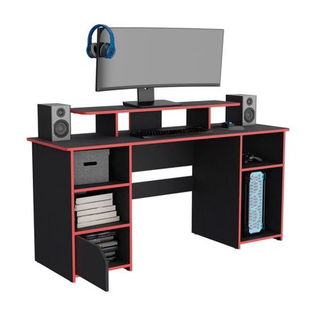 Escritorio Gamer Keria Melamina 1 Puerta Wengue/Canto Rojo
