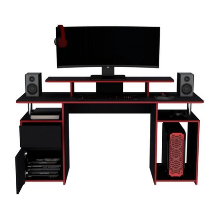 Escritorio Gamer Keria Melamina Recto 1 Cajón Wengue/Rojo