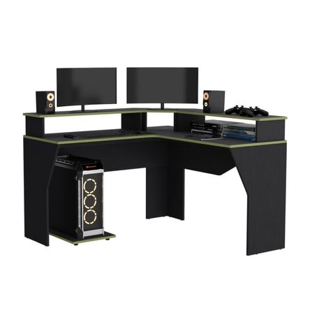Escritorio Gamer en L Guma Melamina para 2 Monitores Wengue/Verde