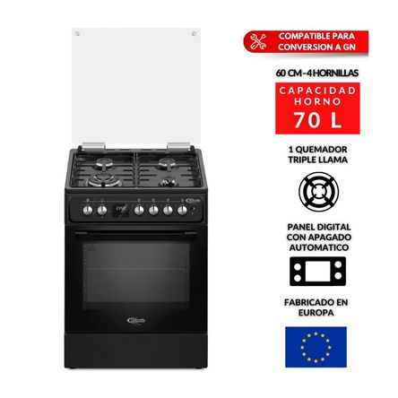 Cocina de Pie a Gas Klimatic Venti 4 Hornillas Acero Negro 60cm, con Horno 70L