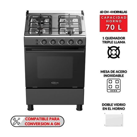 Cocina de Pie a Gas Klimatic Lindau 4 Hornillas Acero Negro 60cm, con Horno 70L